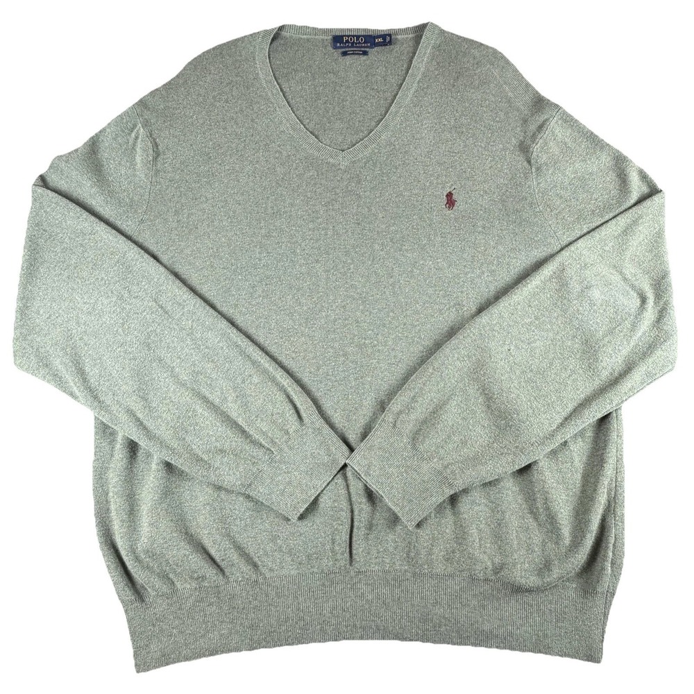 Polo Ralph Lauren Sweater Mens 2XL Green Pima Cotton V-Neck Knit Logo Pullover